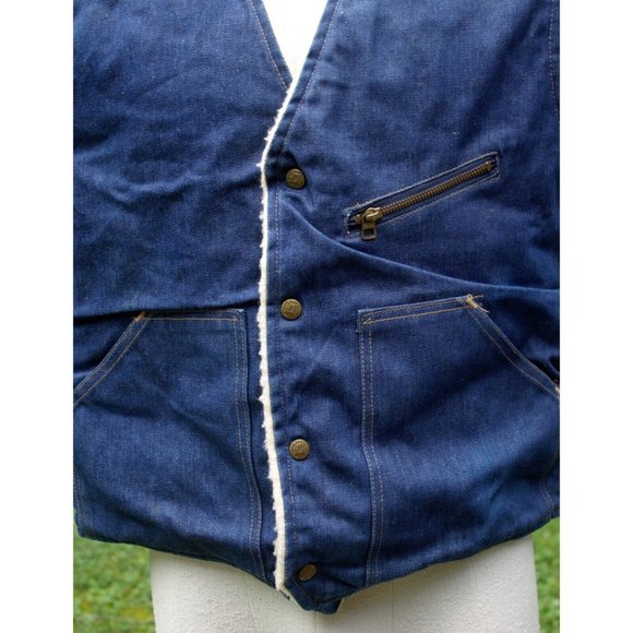 VTG 70s 80s Come On Strong Men L Sherpa Lined Blue Jean Vest Ranch Denim Western - Picture 6 of 15